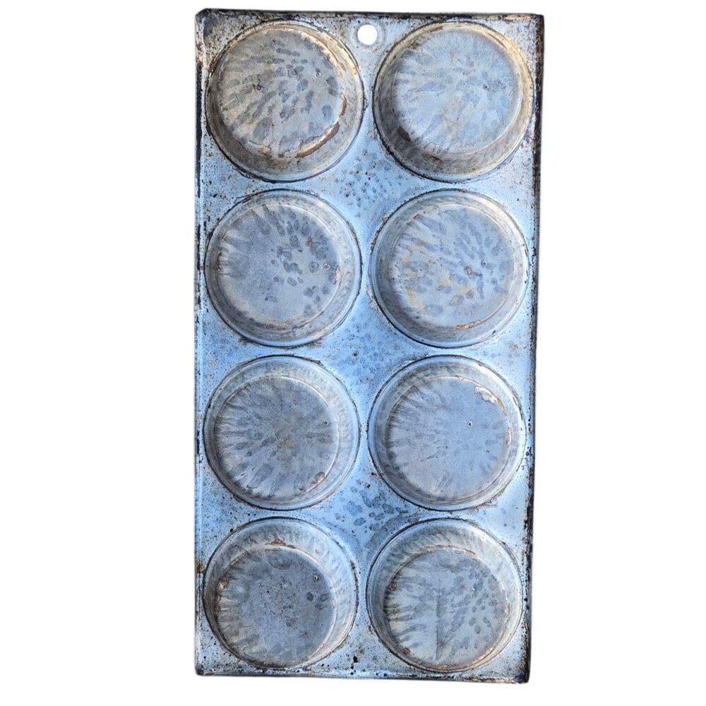 Graniteware Speckled Gray 8 Cup Muffin Pan Farmhouse Antique Enamelware Vintage